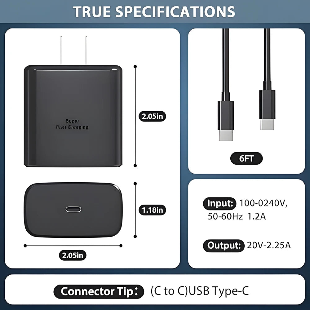 45W Super Fast Charger & USB-C Data Cable - Portable Adapter for Samsung for Galaxy S24/S23/S22/S25 Ultra/S21 Plus/Note 20